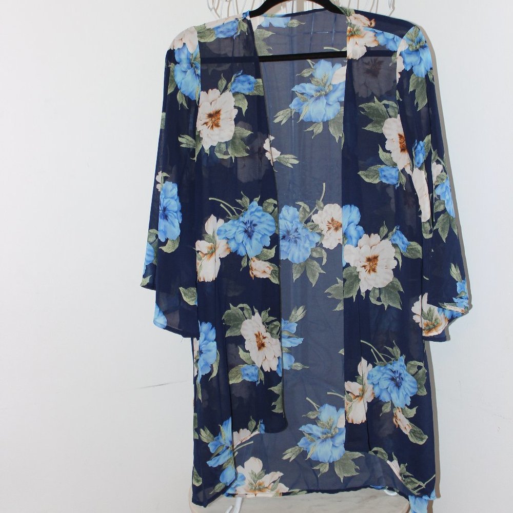 Navy Blue Floral Chiffon Cover-Up/Duster